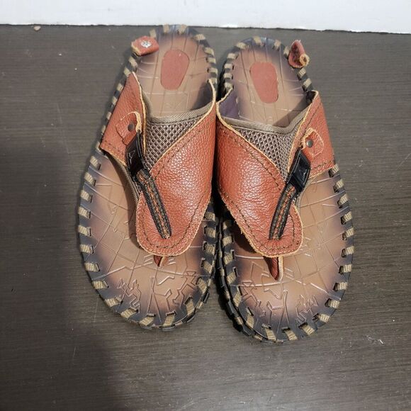 Brown Camel Leather Men Anti-Slip Flat Flip-Flop Sandals 42/9 main image 10